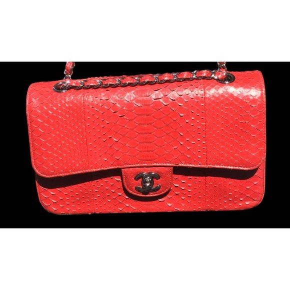 Chanel Womens Red Python Leather Classic Double Flap Jumbo Handbag - Picture 6 of 11